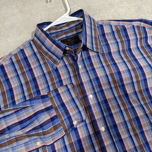 Etro Milano Mens Long Sleeve Button Up Dress Shirt Size 41 Plaid Blue Pink Brown
